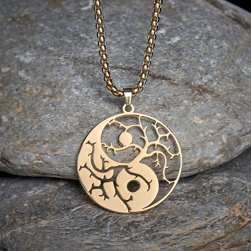 Buddha Stones Branches Hollow Yin Yang Design Stainless Steel Balance Necklace Pendant