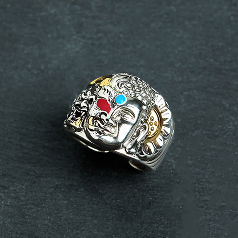 Buddha Stones Half Demon Half Buddha Lotus Copper Serenity Adjustable Ring