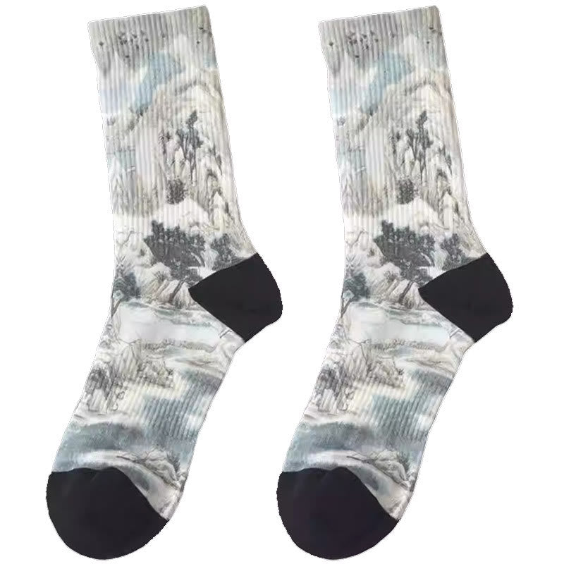 Buddha Stones Chinese Ink Painting Landscape Pattern Micro Crew Three Pairs Men Women Unisex Socks