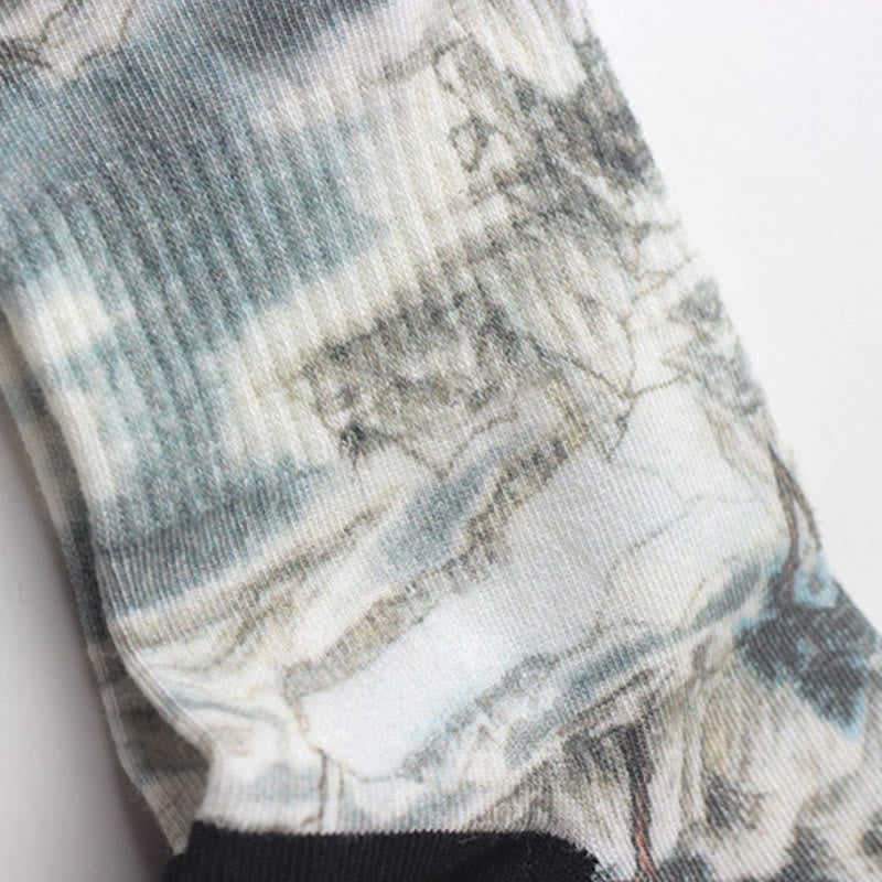 Buddha Stones Chinese Ink Painting Landscape Pattern Micro Crew Three Pairs Men Women Unisex Socks