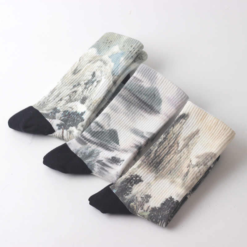 Buddha Stones Chinese Ink Painting Landscape Pattern Micro Crew Three Pairs Men Women Unisex Socks