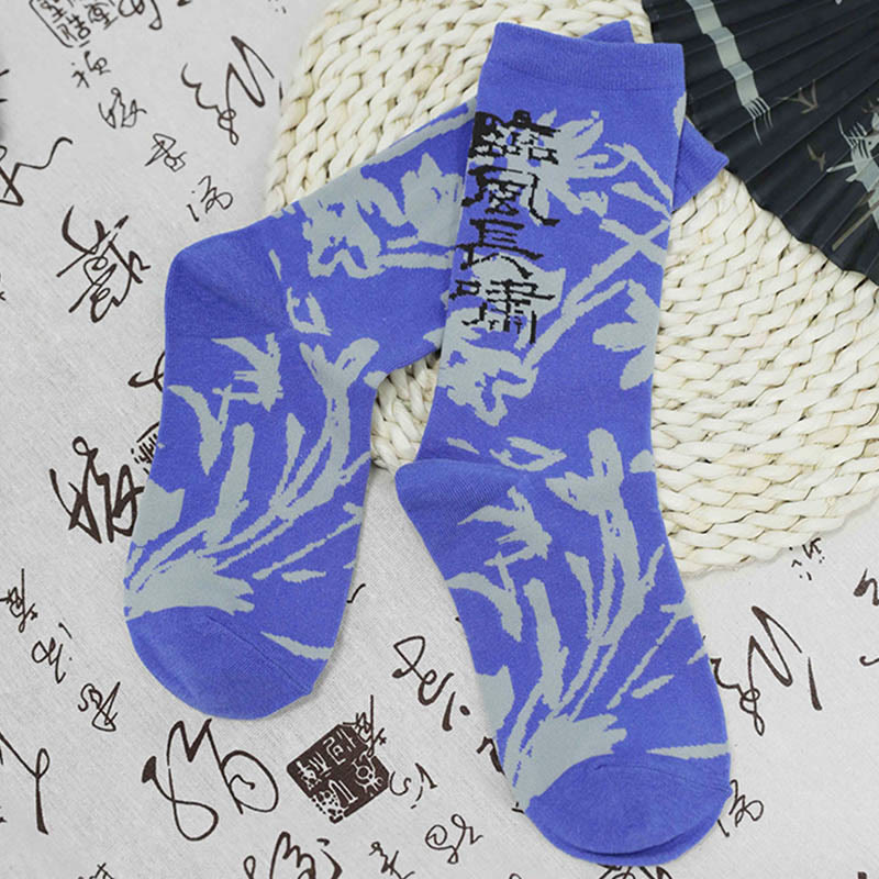 Buddha Stones Chinese Calligraphy Floral Design Micro Crew Women Cotton Socks