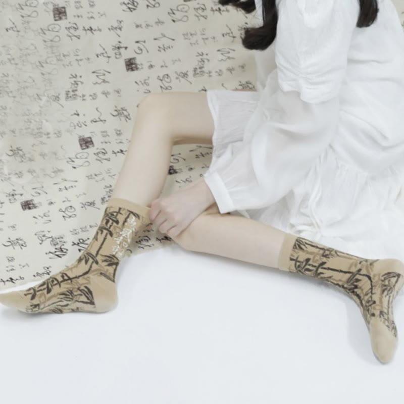 Buddha Stones Chinese Calligraphy Floral Design Micro Crew Women Cotton Socks