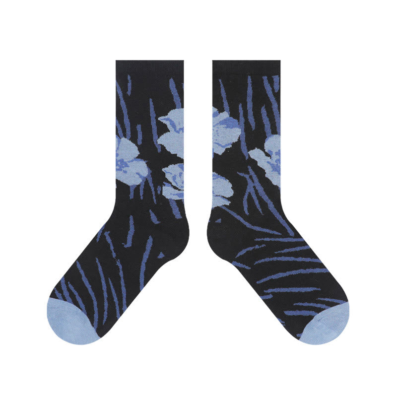 Buddha Stones Chinese Calligraphy Floral Design Micro Crew Women Cotton Socks