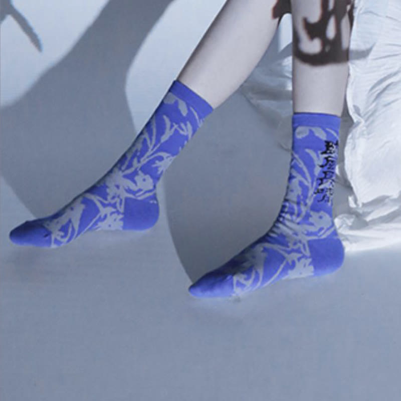Buddha Stones Chinese Calligraphy Floral Design Micro Crew Women Cotton Socks