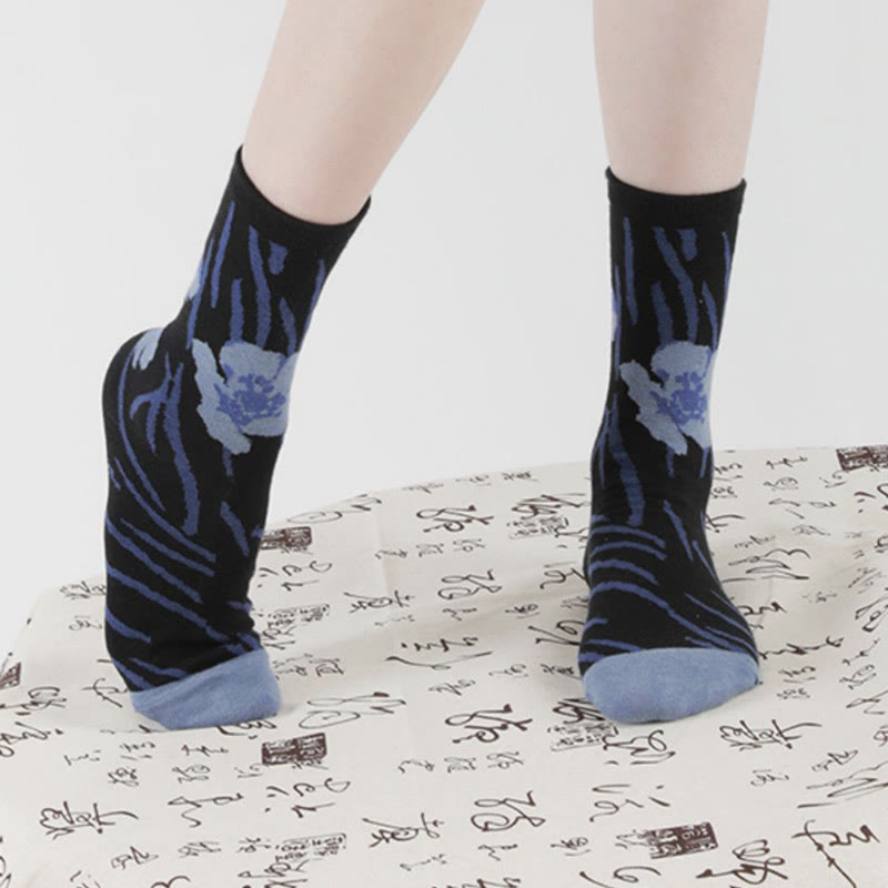 Buddha Stones Chinese Calligraphy Floral Design Micro Crew Women Cotton Socks