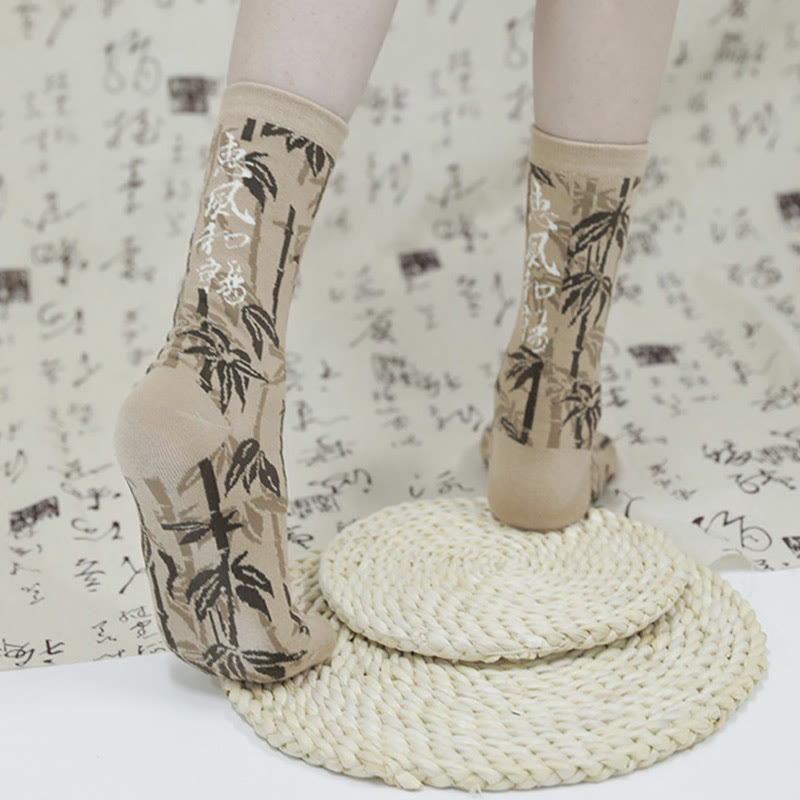 Buddha Stones Chinese Calligraphy Floral Design Micro Crew Women Cotton Socks