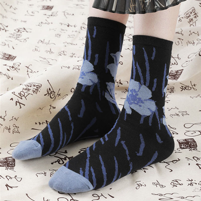Buddha Stones Chinese Calligraphy Floral Design Micro Crew Women Cotton Socks