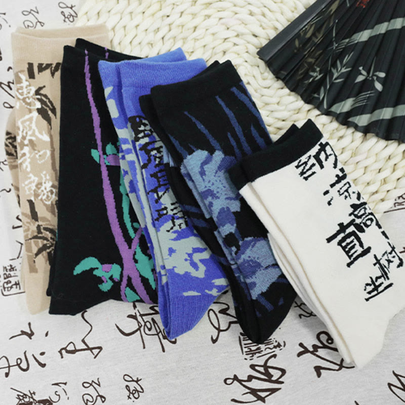Buddha Stones Chinese Calligraphy Floral Design Micro Crew Women Cotton Socks