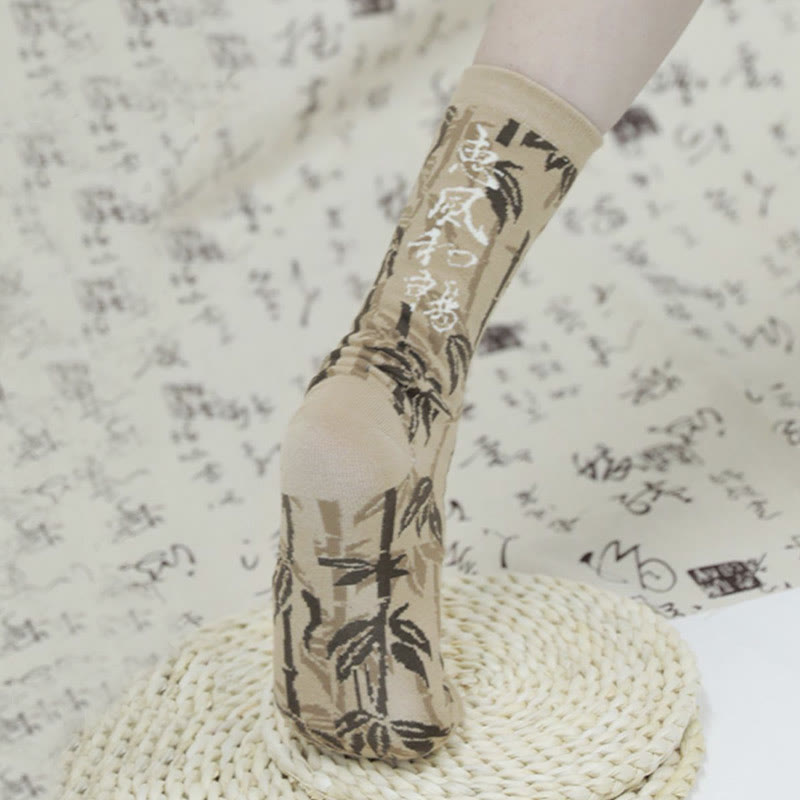 Buddha Stones Chinese Calligraphy Floral Design Micro Crew Women Cotton Socks
