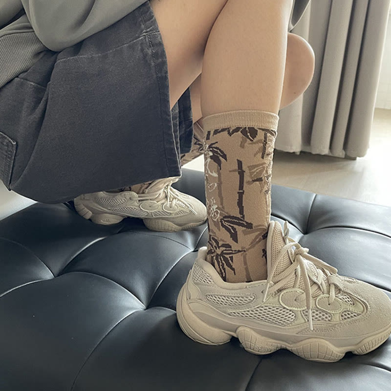 Buddha Stones Chinese Calligraphy Floral Design Micro Crew Women Cotton Socks