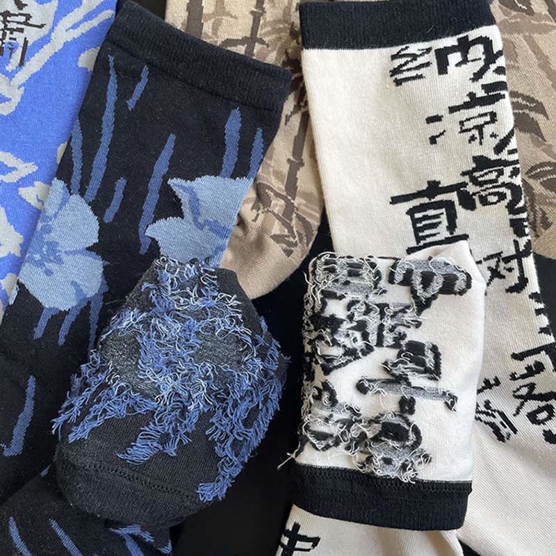 Buddha Stones Chinese Calligraphy Floral Design Micro Crew Women Cotton Socks