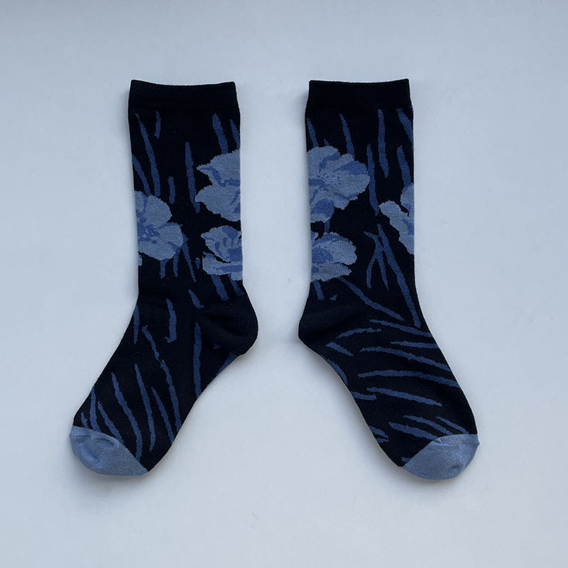 Buddha Stones Chinese Calligraphy Floral Design Micro Crew Women Cotton Socks