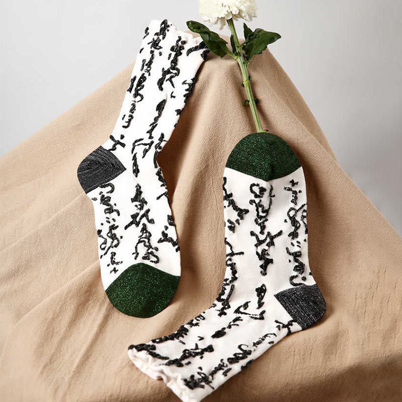 Buddha Stones Chinese Calligraphy Color Matching Pattern Micro Crew Women Cotton Socks