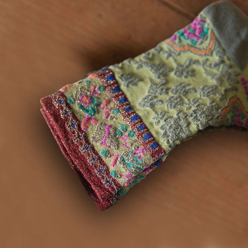 Buddha Stones Retro Embossed Floral Pattern Micro Crew Women Cotton Socks