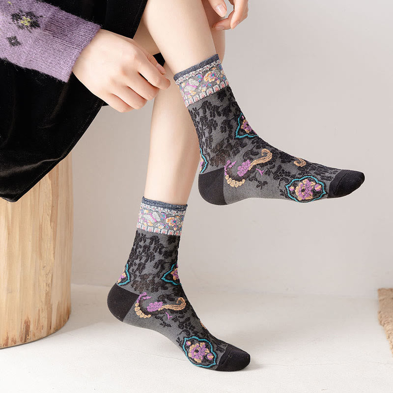 Buddha Stones Retro Embossed Floral Pattern Micro Crew Women Cotton Socks