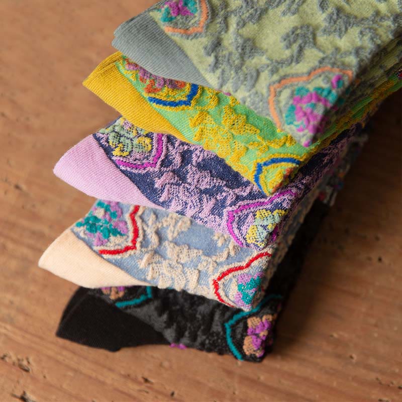 Buddha Stones Retro Embossed Floral Pattern Micro Crew Women Cotton Socks