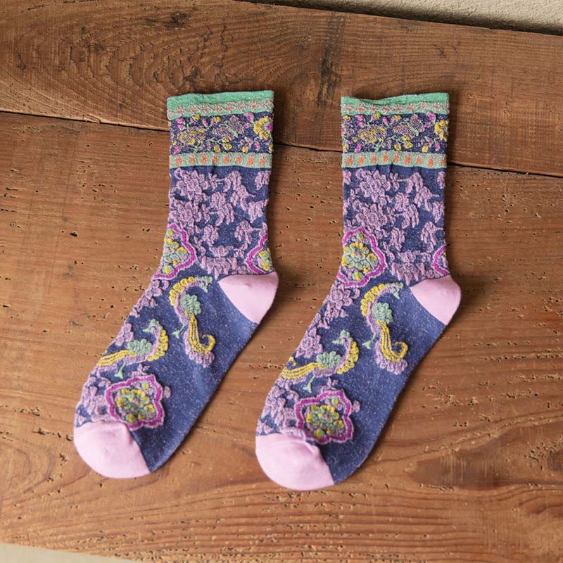 Buddha Stones Retro Embossed Floral Pattern Micro Crew Women Cotton Socks