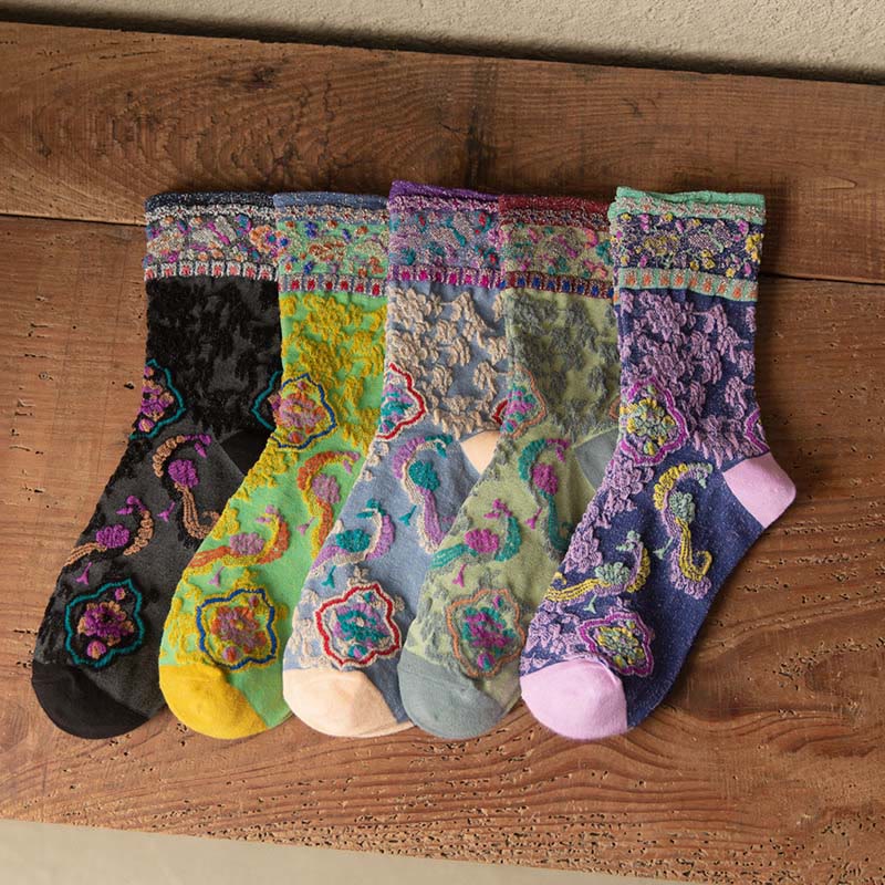 Buddha Stones Retro Embossed Floral Pattern Micro Crew Women Cotton Socks