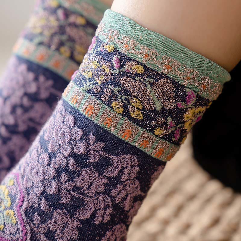 Buddha Stones Retro Embossed Floral Pattern Micro Crew Women Cotton Socks