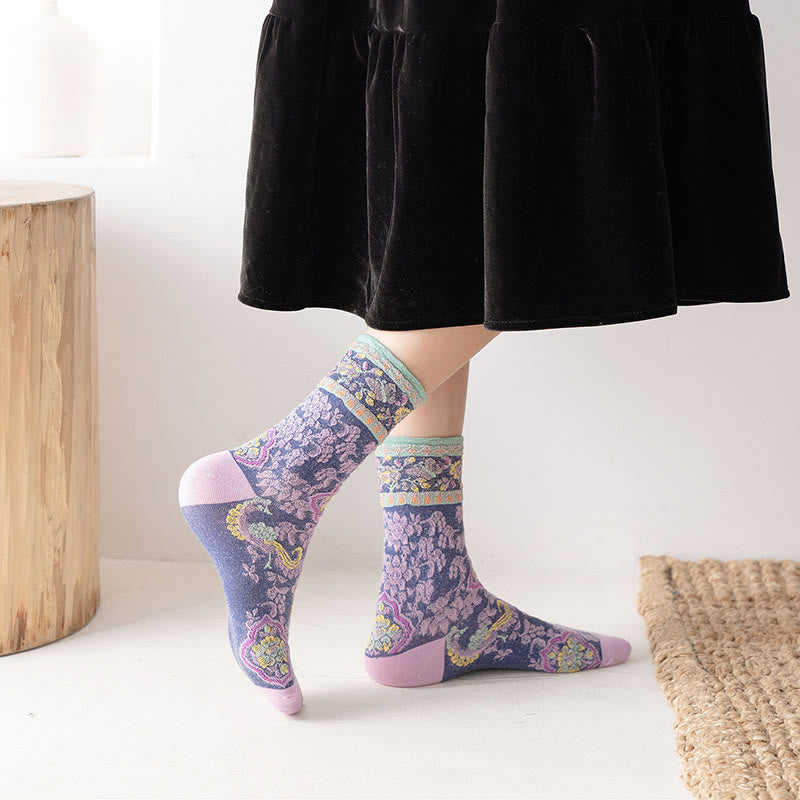 Buddha Stones Retro Embossed Floral Pattern Micro Crew Women Cotton Socks