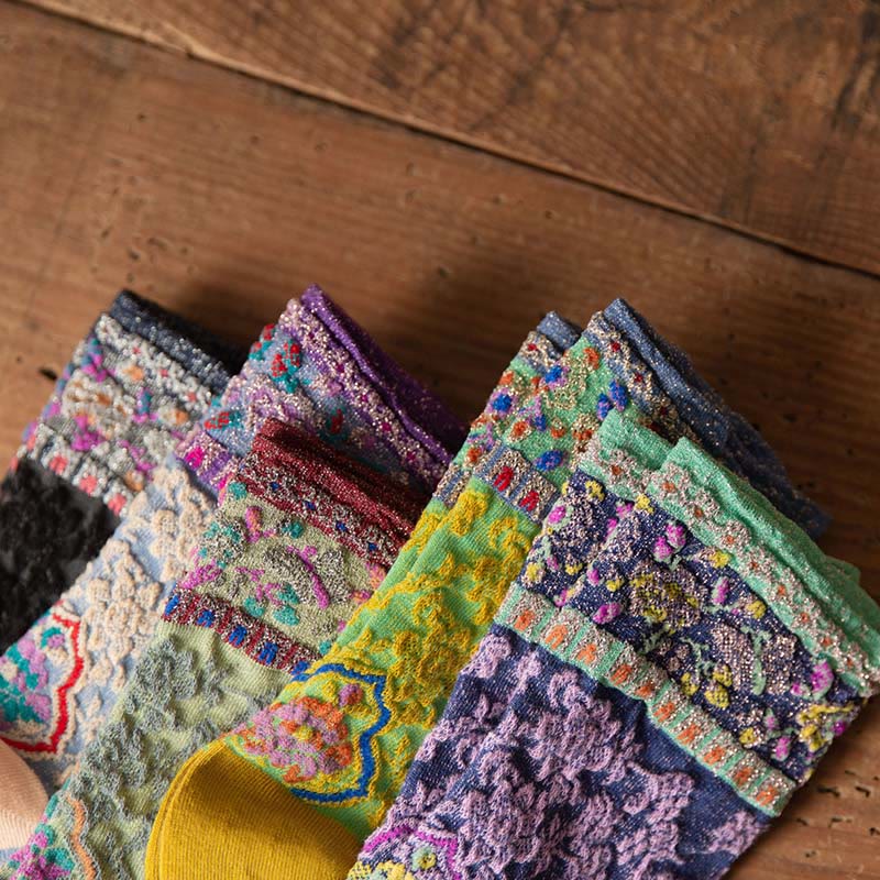 Buddha Stones Retro Embossed Floral Pattern Micro Crew Women Cotton Socks