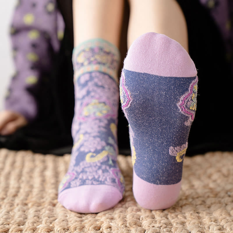 Buddha Stones Retro Embossed Floral Pattern Micro Crew Women Cotton Socks