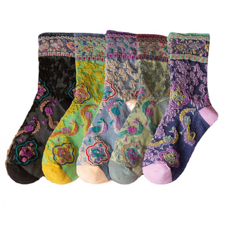 Buddha Stones Retro Embossed Floral Pattern Micro Crew Women Cotton Socks