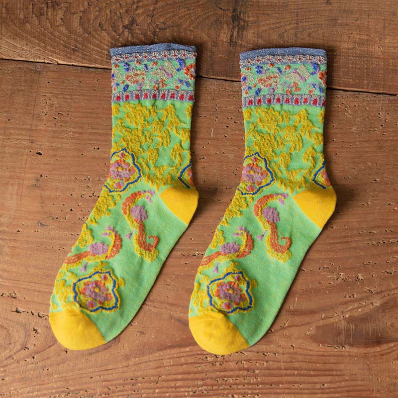 Buddha Stones Retro Embossed Floral Pattern Micro Crew Women Cotton Socks