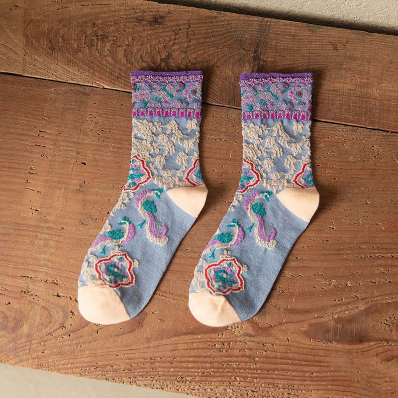 Buddha Stones Retro Embossed Floral Pattern Micro Crew Women Cotton Socks