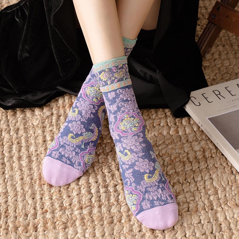Buddha Stones Retro Embossed Floral Pattern Micro Crew Women Cotton Socks