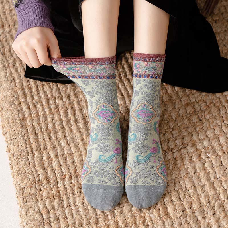 Buddha Stones Retro Embossed Floral Pattern Micro Crew Women Cotton Socks