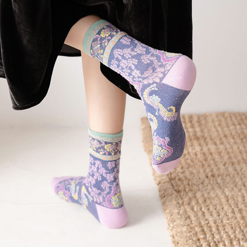Buddha Stones Retro Embossed Floral Pattern Micro Crew Women Cotton Socks