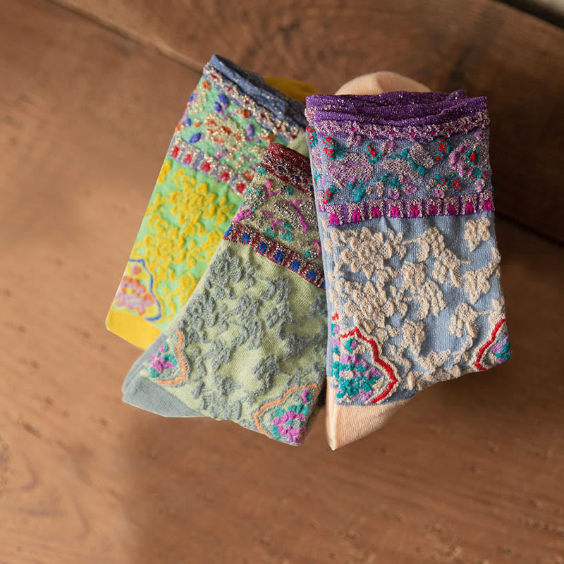 Buddha Stones Retro Embossed Floral Pattern Micro Crew Women Cotton Socks