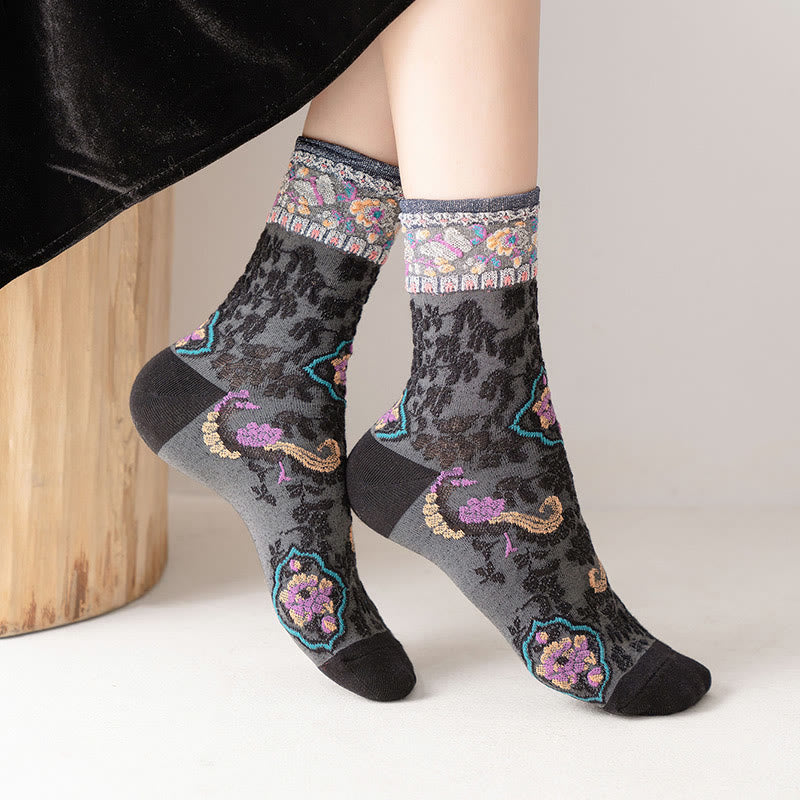 Buddha Stones Retro Embossed Floral Pattern Micro Crew Women Cotton Socks