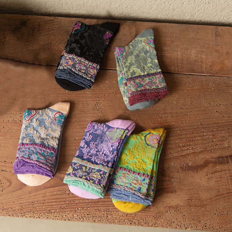 Buddha Stones Retro Embossed Floral Pattern Micro Crew Women Cotton Socks