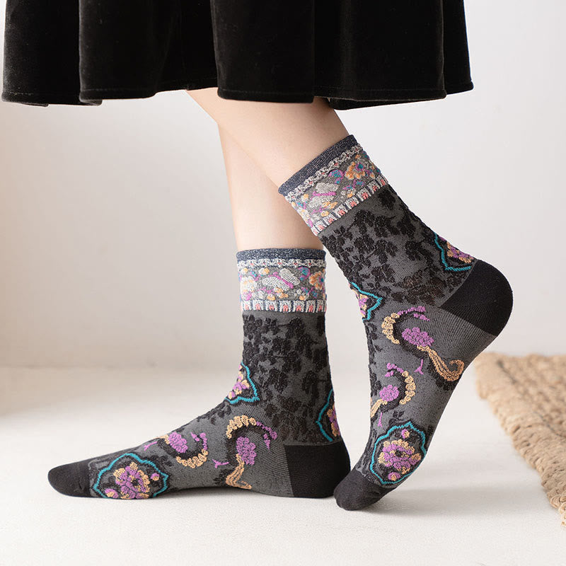Buddha Stones Retro Embossed Floral Pattern Micro Crew Women Cotton Socks
