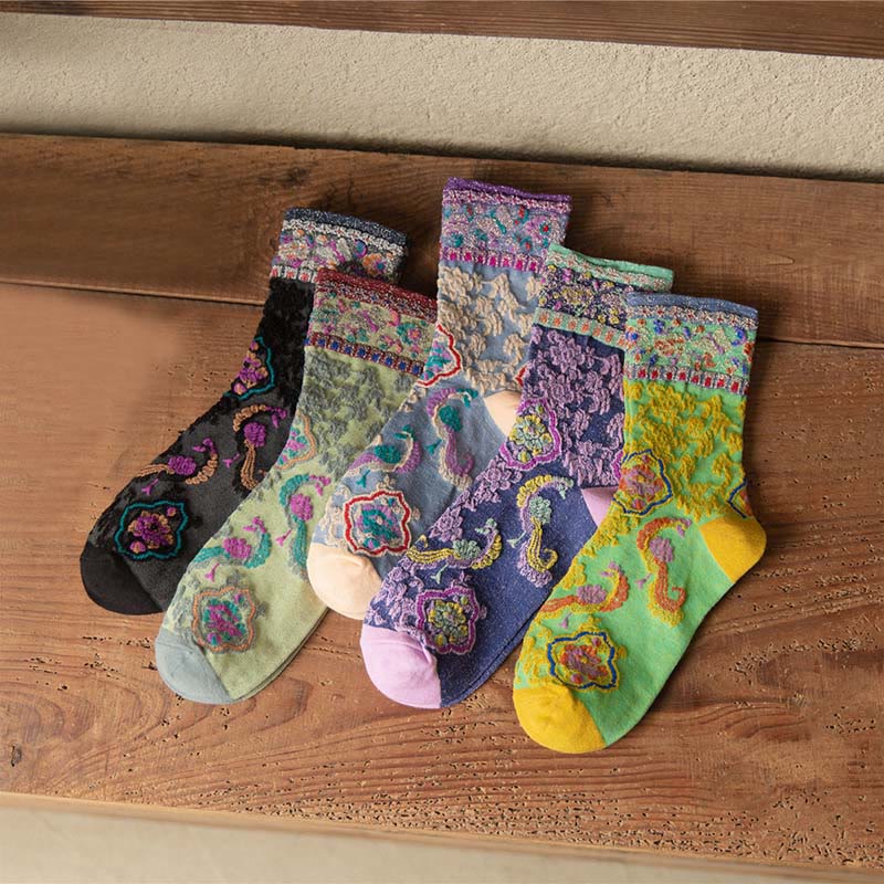 Buddha Stones Retro Embossed Floral Pattern Micro Crew Women Cotton Socks