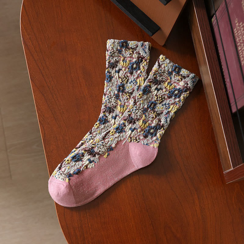 Buddha Stones Ethnic Textured Floral Pattern Women's Micro Crew Cotton Socks