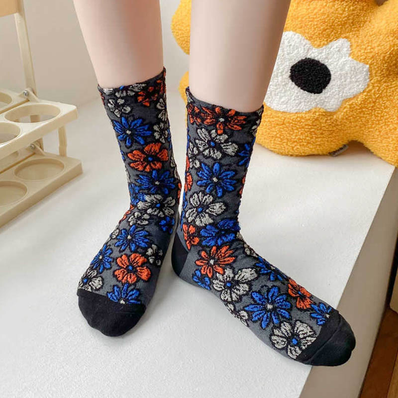Buddha Stones Ethnic Textured Floral Contrasting Color Design Women's Micro Crew Cotton Socks