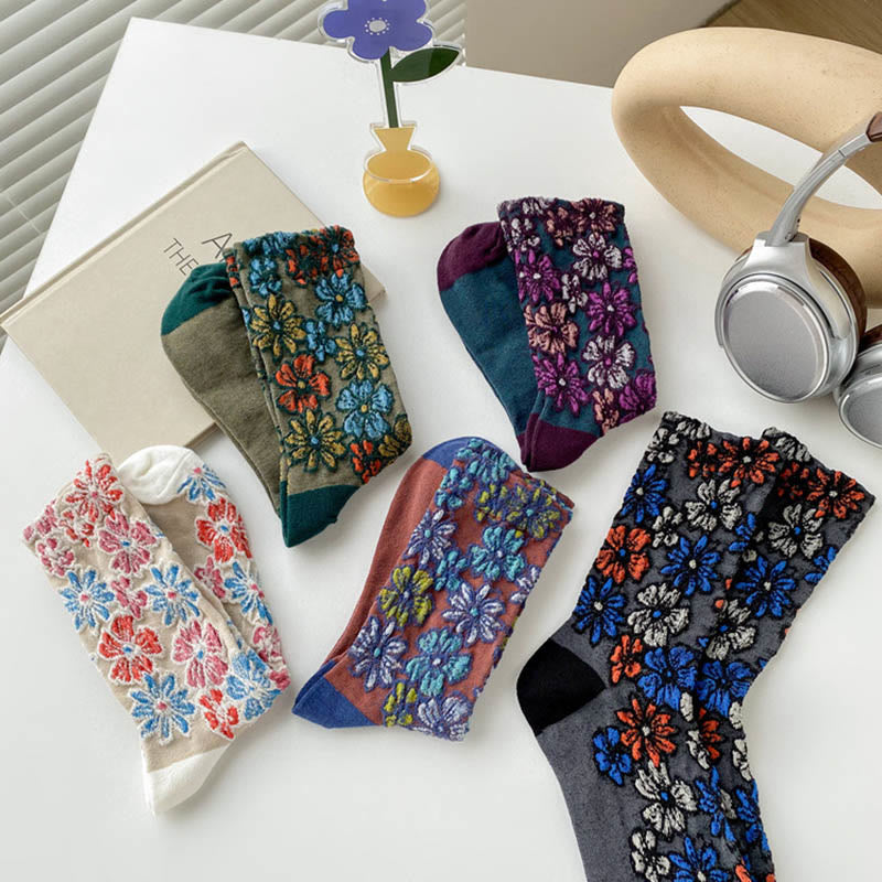 Buddha Stones Ethnic Textured Floral Contrasting Color Design Women's Micro Crew Cotton Socks