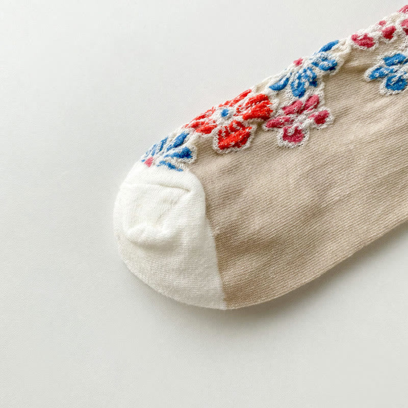 Buddha Stones Ethnic Textured Floral Contrasting Color Design Women's Micro Crew Cotton Socks