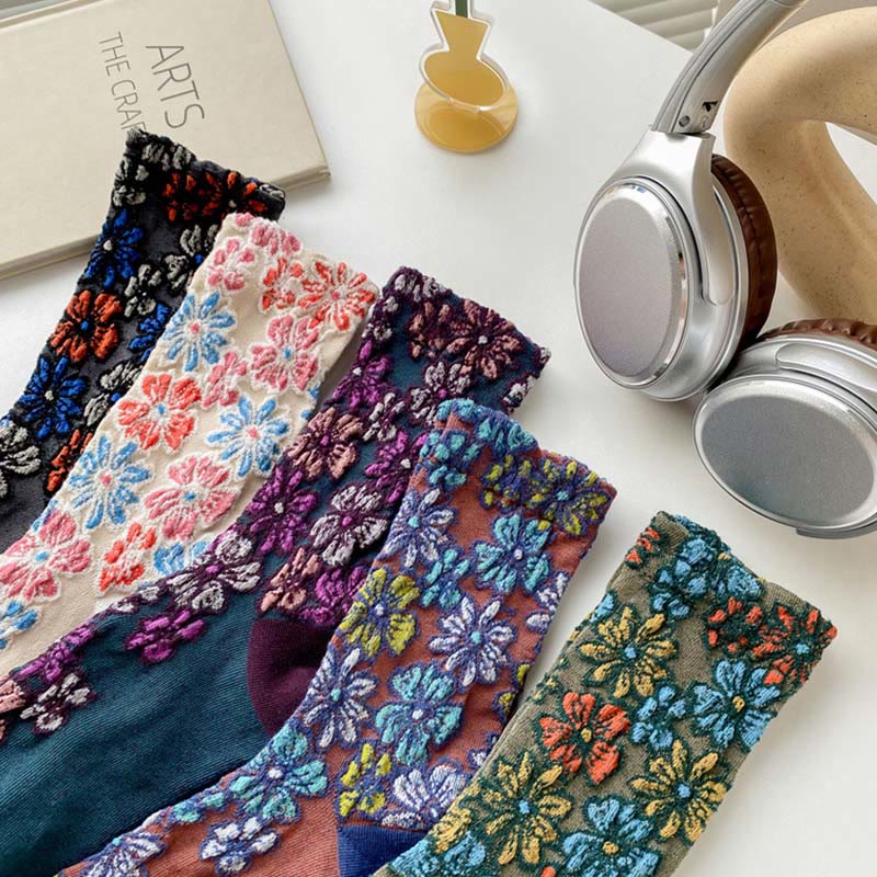 Buddha Stones Ethnic Textured Floral Contrasting Color Design Women's Micro Crew Cotton Socks