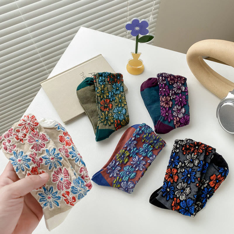 Buddha Stones Ethnic Textured Floral Contrasting Color Design Women's Micro Crew Cotton Socks