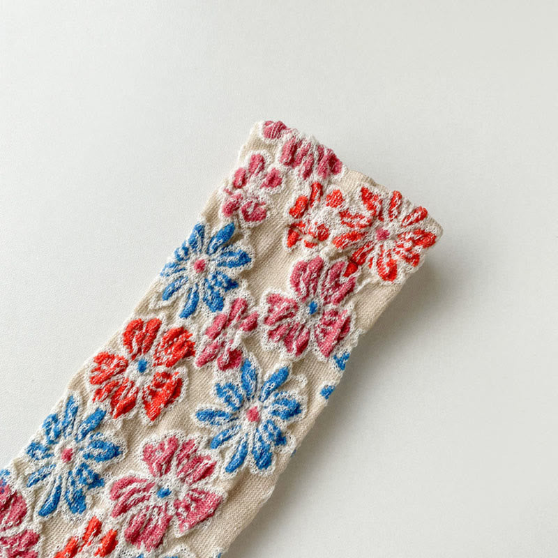 Buddha Stones Ethnic Textured Floral Contrasting Color Design Women's Micro Crew Cotton Socks