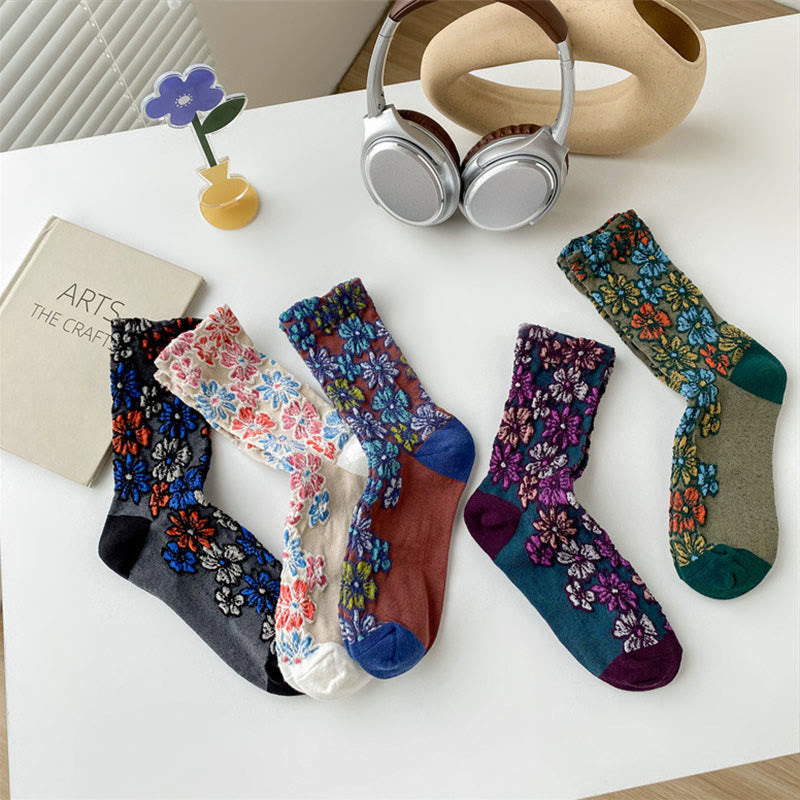Buddha Stones Ethnic Textured Floral Contrasting Color Design Women's Micro Crew Cotton Socks