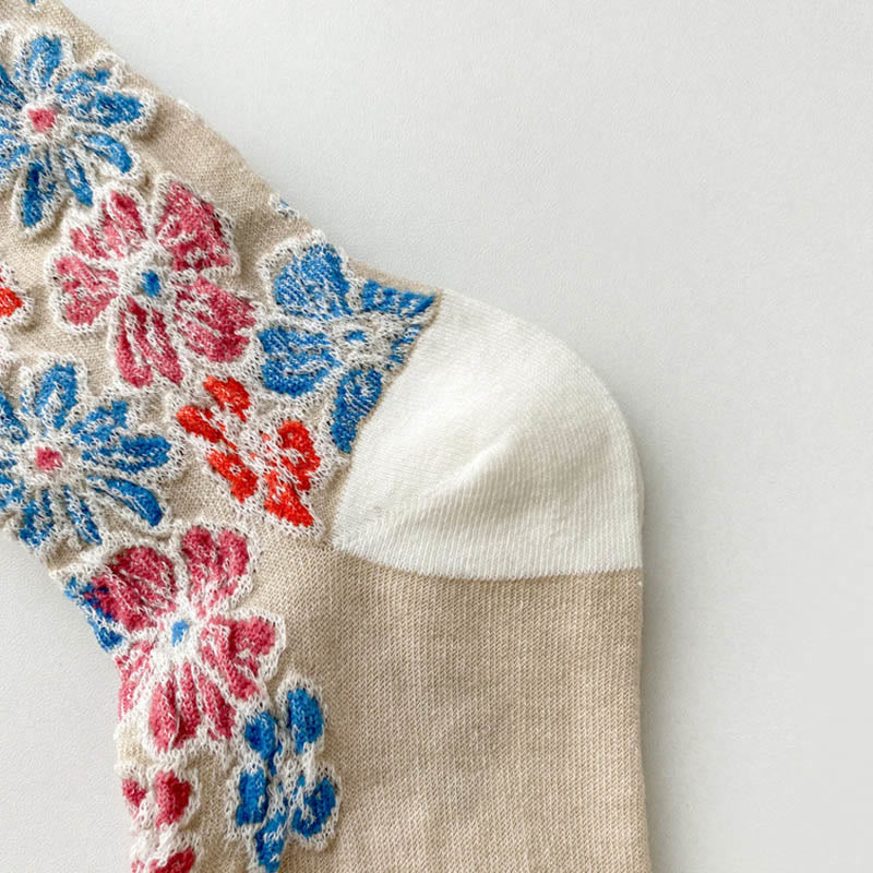 Buddha Stones Ethnic Textured Floral Contrasting Color Design Women's Micro Crew Cotton Socks