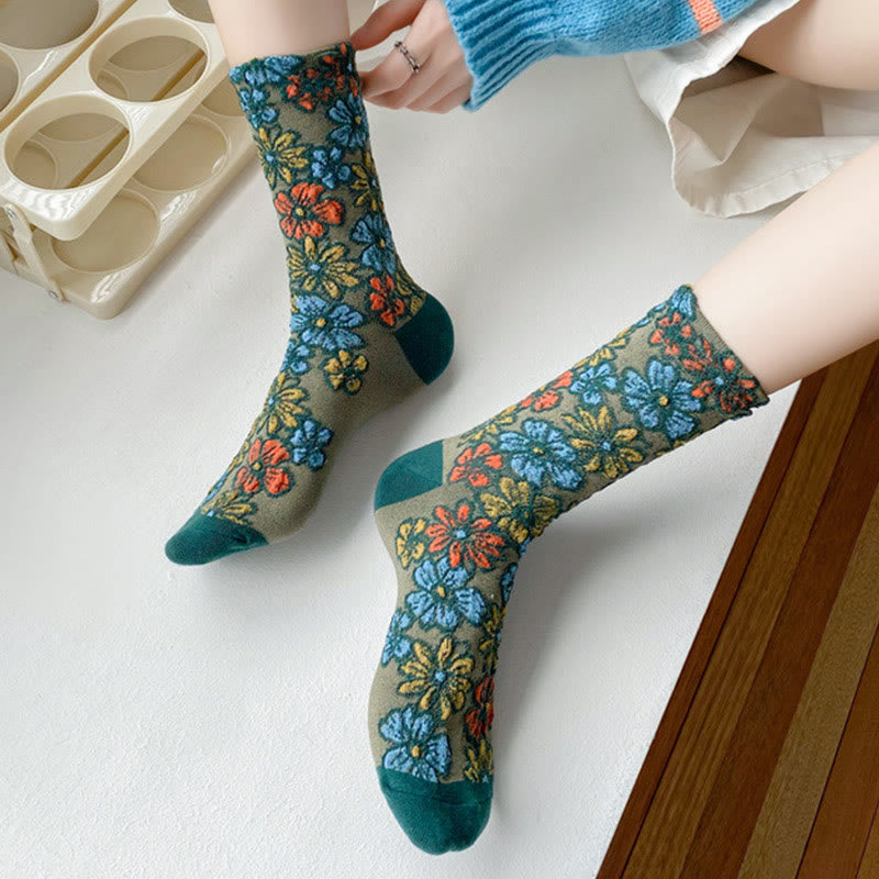 Buddha Stones Ethnic Textured Floral Contrasting Color Design Women's Micro Crew Cotton Socks