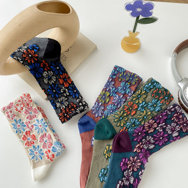 Buddha Stones Ethnic Textured Floral Contrasting Color Design Women's Micro Crew Cotton Socks