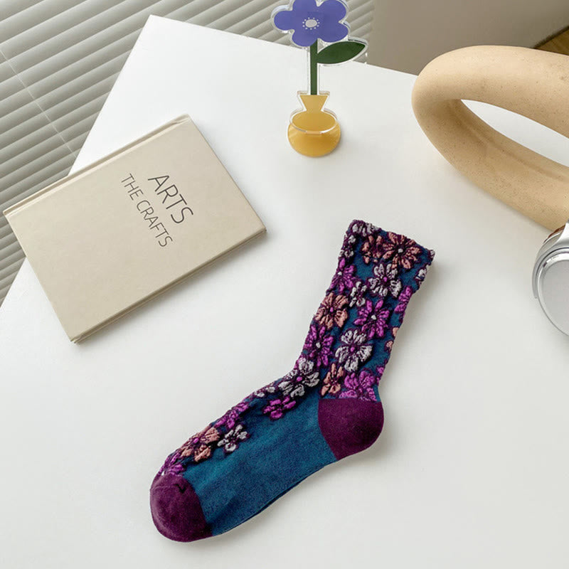 Buddha Stones Ethnic Textured Floral Contrasting Color Design Women's Micro Crew Cotton Socks